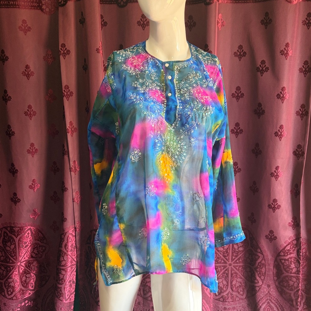 Embroidered Multicolor Tie-Dye Tunic Top - Swim Cover